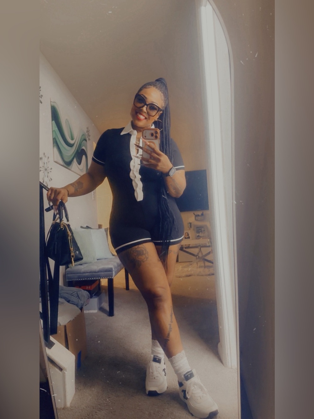 Black Short Romper with White Trim - Women's Casual Shorts